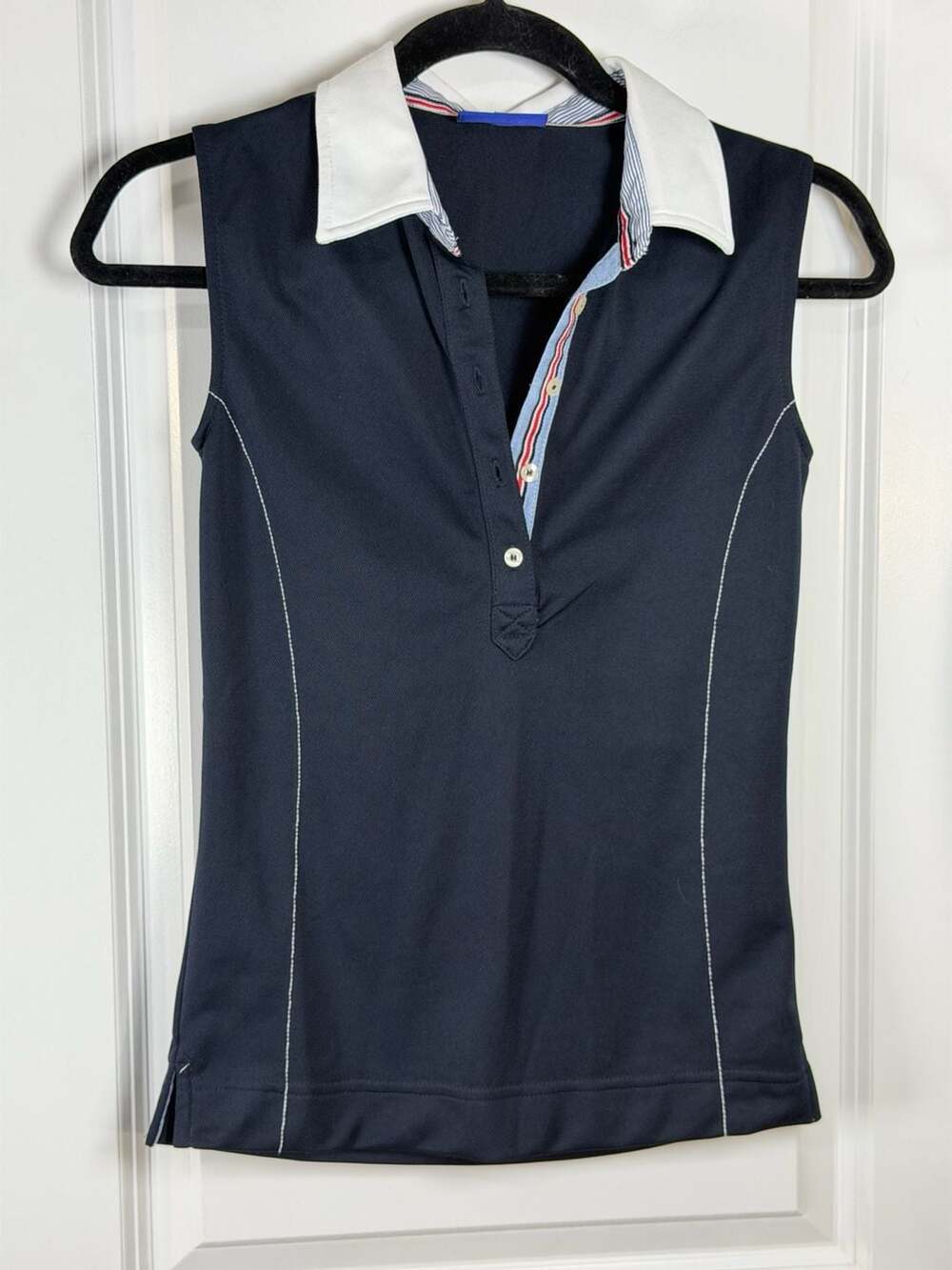 Daily Sports Women's Sleeveless Navy Golf Polo with Striped Trim